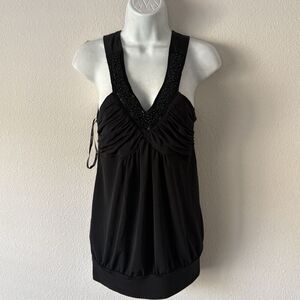 Y2k MyMichelle Babydoll Tunic Top Size M Black Beaded V-Neck Sleeveless Beaded